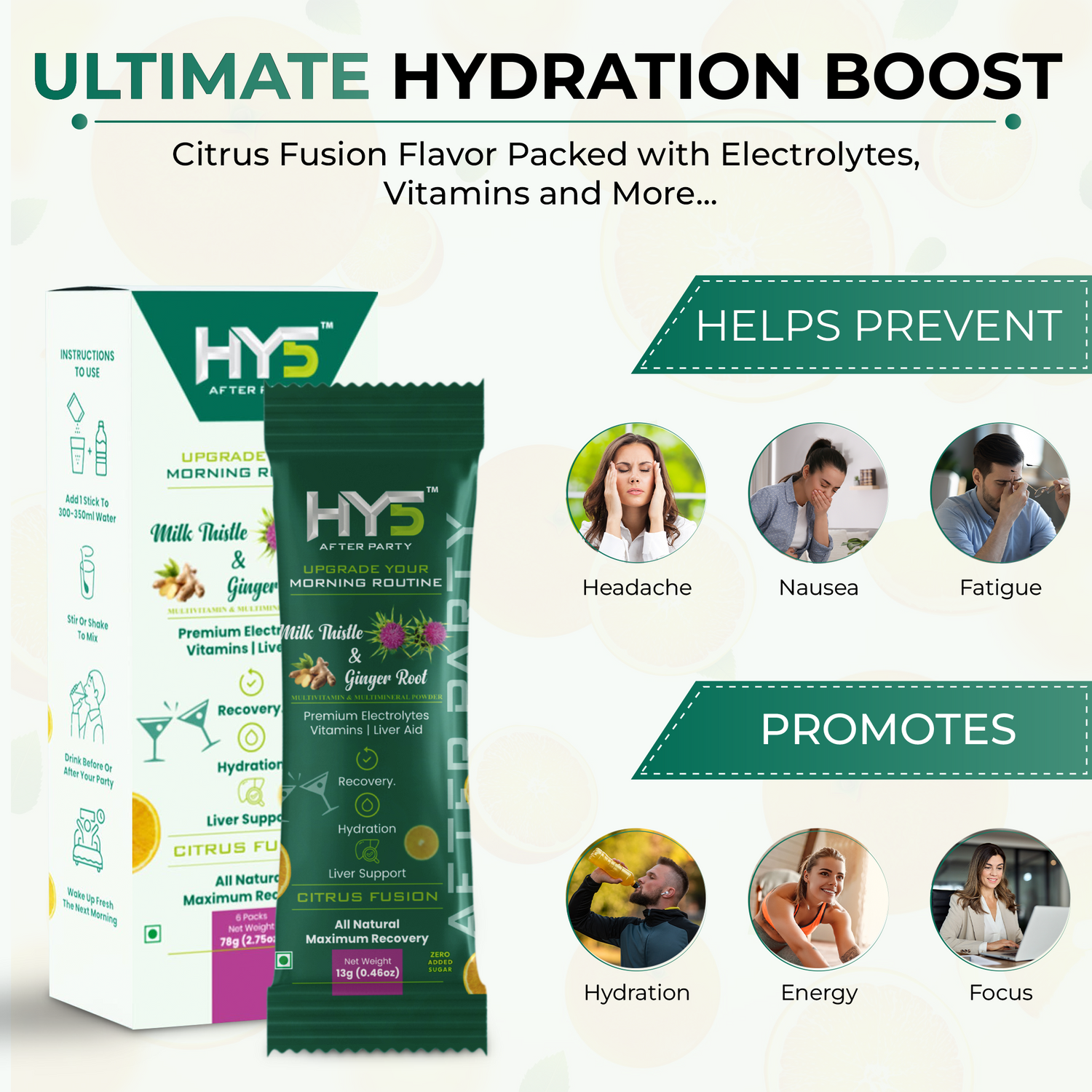 HY5 After Party Ultimate Hydration Boost Citrus Fusion Flavor Packed with Electrolytes, Vitamins and More